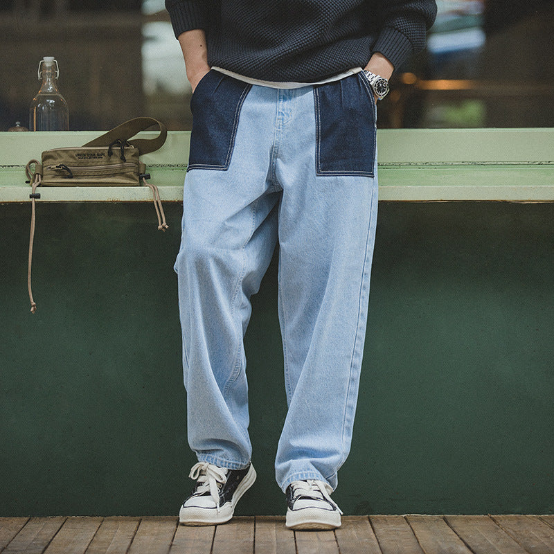 Men's Retro Light Blue Patchwork Washed Loose Denim Jeans