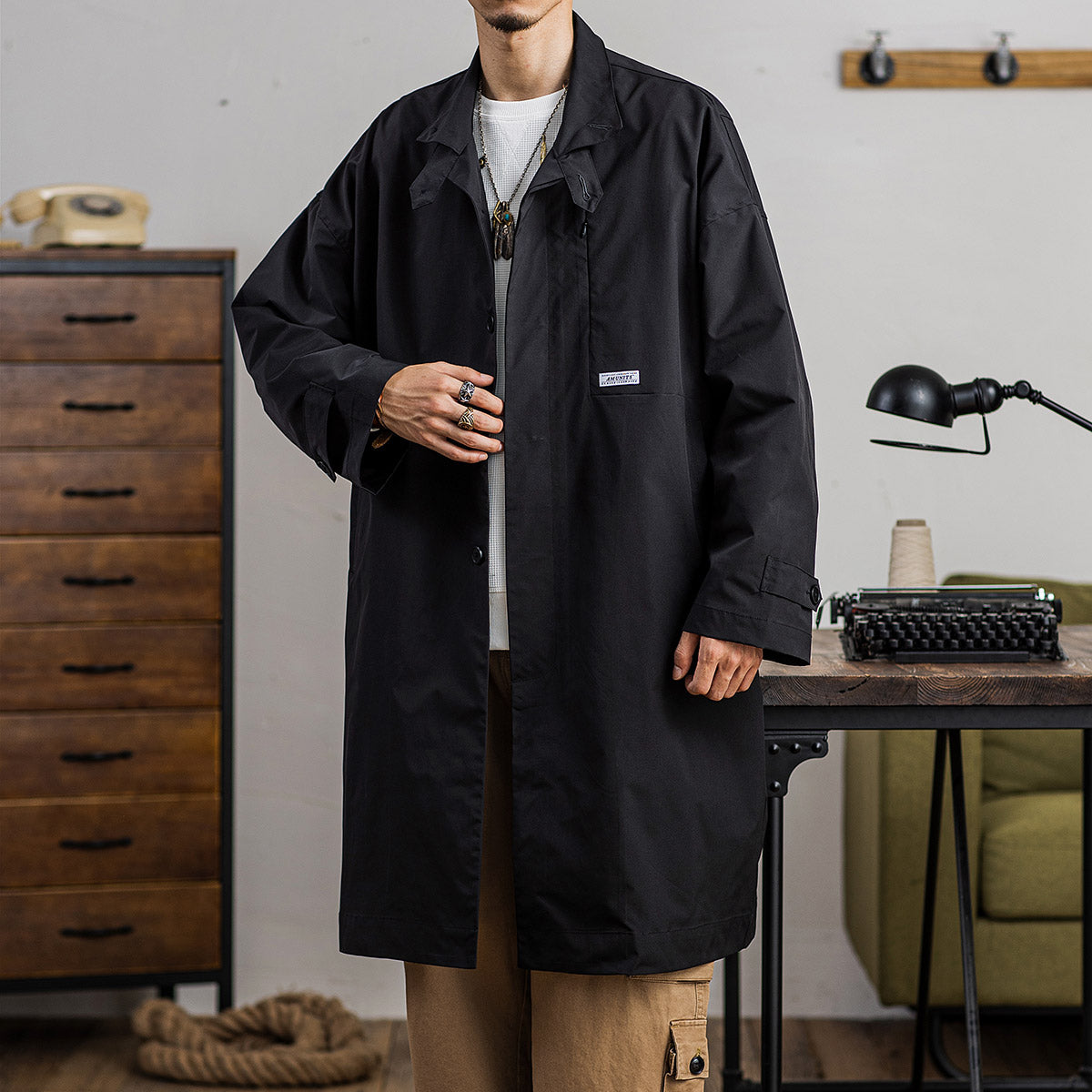 Men's Vintage Long Windbreaker Multi-pocket Loose Casual Coat