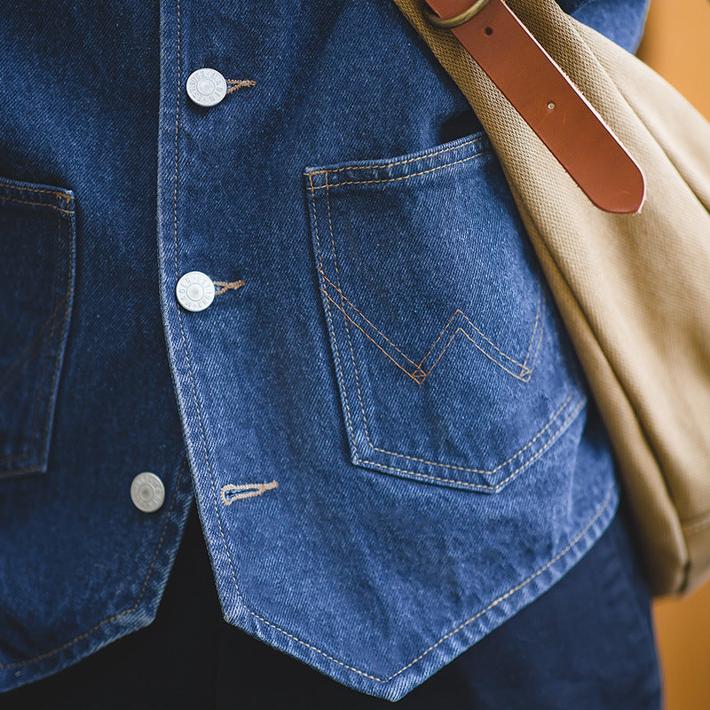 Men's Vintage Washed Denim Vest With Pocket