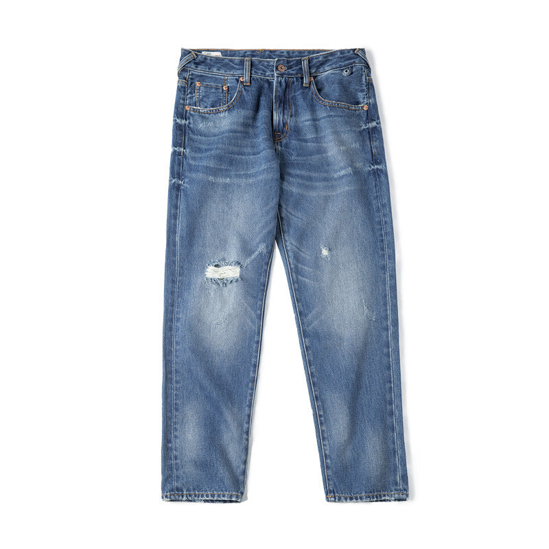 Men's Denim Jeans American Retro Slim-fit Ripped Washed Distressed Straight Trousers