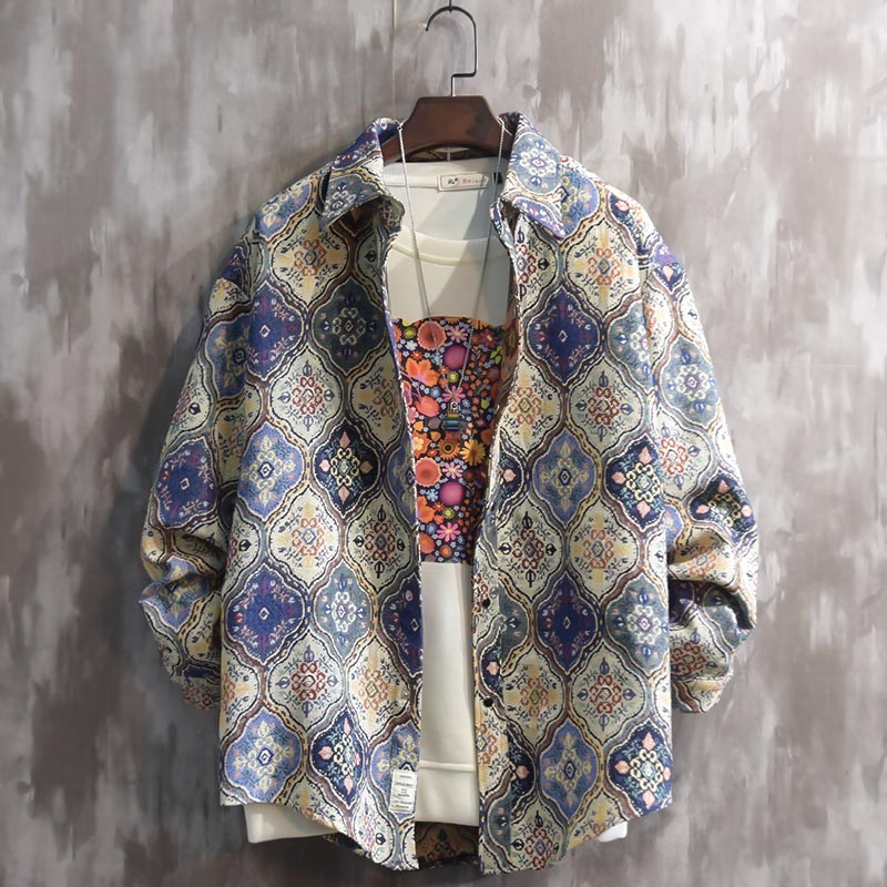 Floral Patterns Lapel Single-Breasted Men's long-sleeved Oversized Shirt
