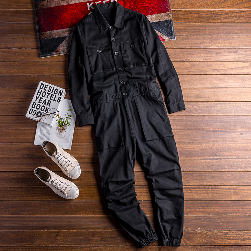 Men's Vintage Hiphop Streetwear Jumpsuits Long Sleeve Cargo Rompers With Pocket Coverall Romper Boiler Suit