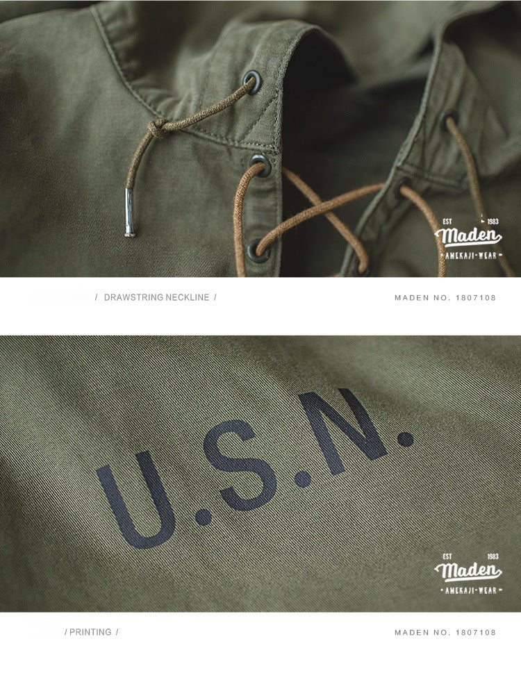 USN Wet Weather Parka Vintage Deck Jacket Pullover Lace Up WW2 Uniform Mens Navy Military Hooded Jacket Outwear