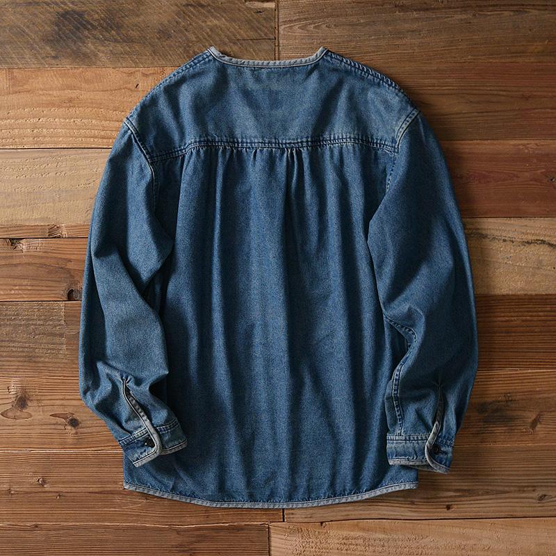 Men's Vintage Distressed Collarless Single-Breasted Denim Jacket