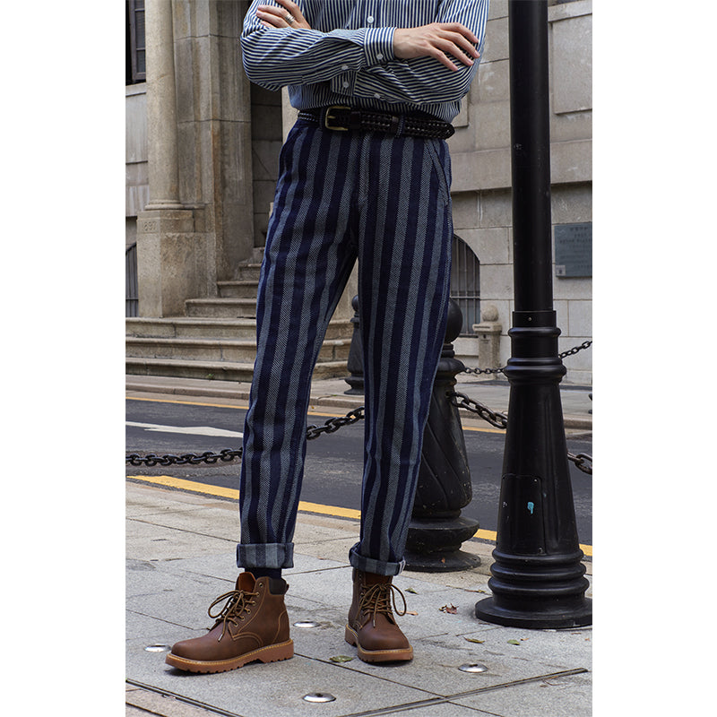 Men's Vintage Washed Nostalgic Jacquard High Waist Striped Jeans