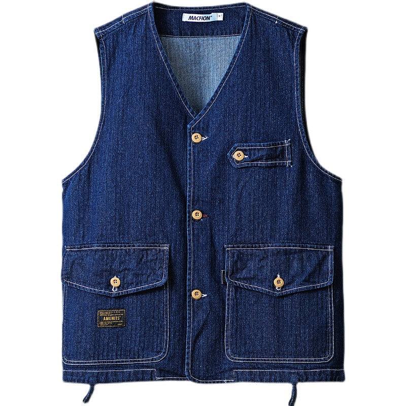 Men's Vintage Washed Stripe Denim Tool Vest