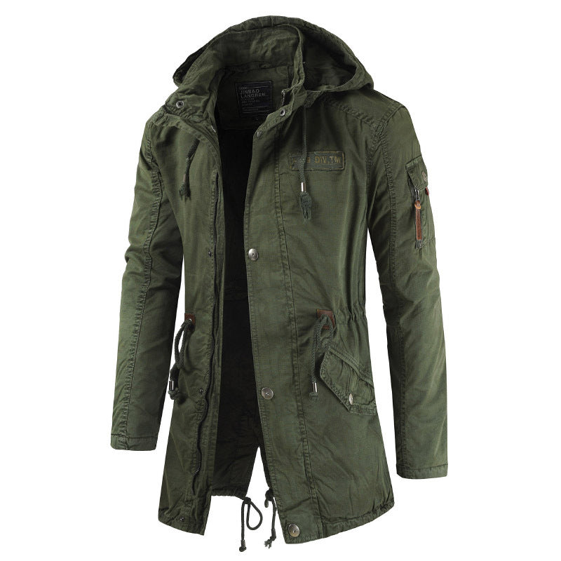 Men's Outdoor Military Winter Mid-length Jacket Stand-up Collar Hooded Trench Coat