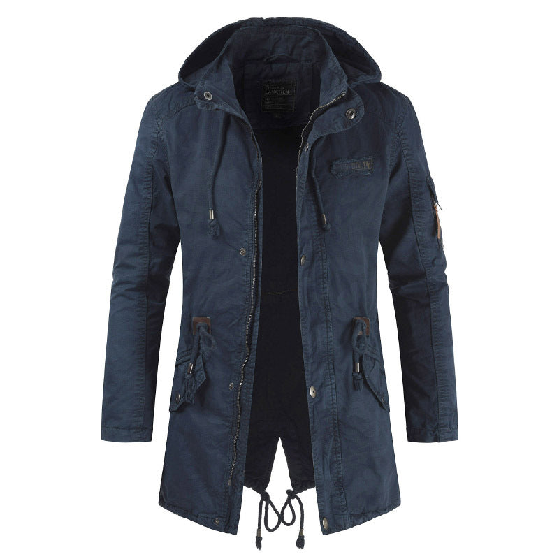 Men's Outdoor Military Winter Mid-length Jacket Stand-up Collar Hooded Trench Coat