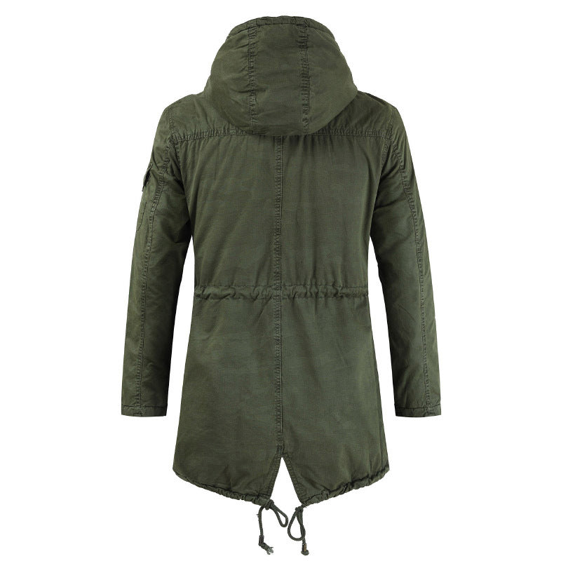 Men's Outdoor Military Winter Mid-length Jacket Stand-up Collar Hooded Trench Coat