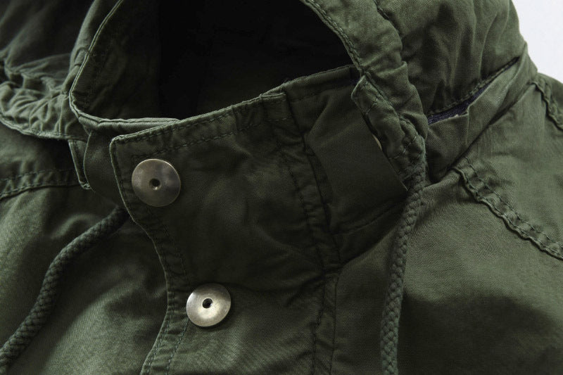 Men's Outdoor Military Winter Mid-length Jacket Stand-up Collar Hooded Trench Coat