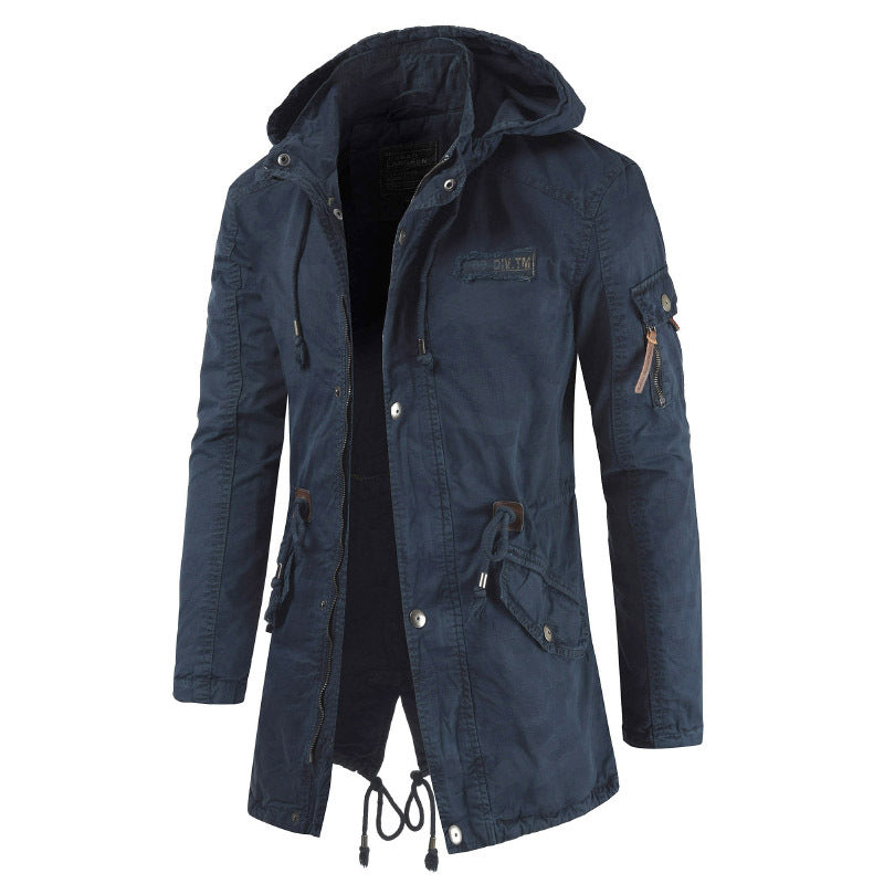 Men's Outdoor Military Winter Mid-length Jacket Stand-up Collar Hooded Trench Coat