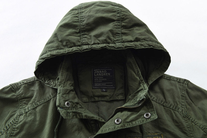 Men's Outdoor Military Winter Mid-length Jacket Stand-up Collar Hooded Trench Coat