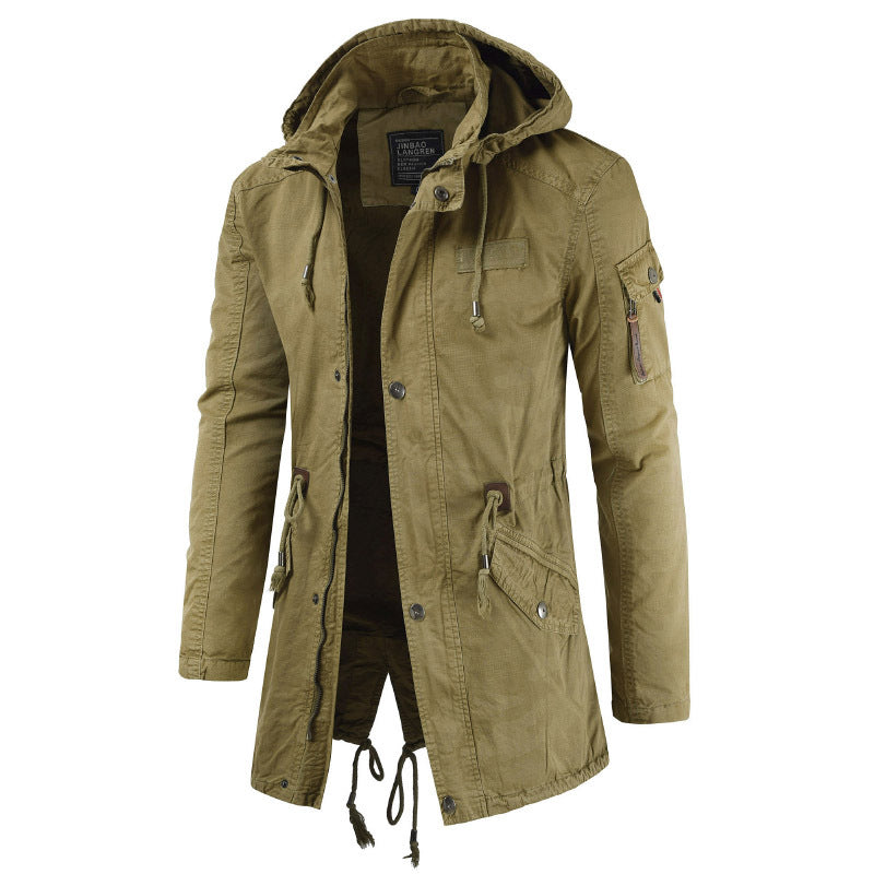 Men's Outdoor Military Winter Mid-length Jacket Stand-up Collar Hooded Trench Coat