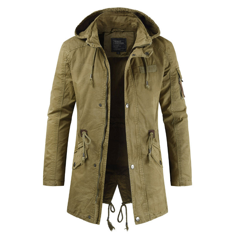 Men's Outdoor Military Winter Mid-length Jacket Stand-up Collar Hooded Trench Coat