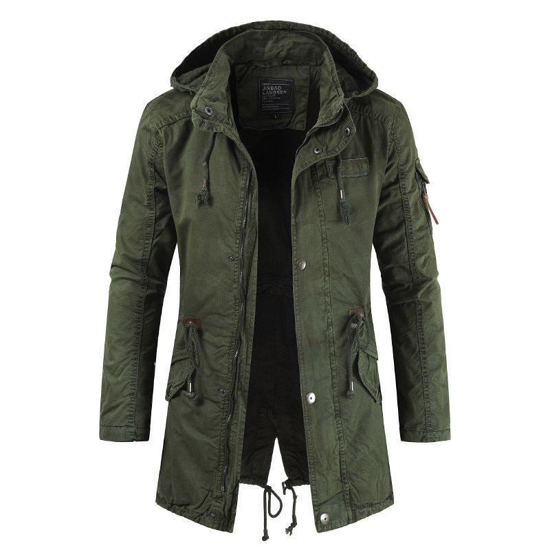 Men's Outdoor Military Winter Mid-length Jacket Stand-up Collar Hooded Trench Coat
