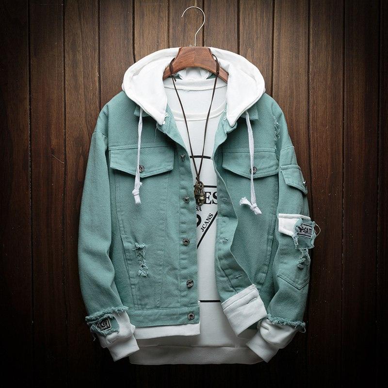 Men's Fashion Fake Two-piece Street Bomber Jacket Casual Patrick Denim Jacket