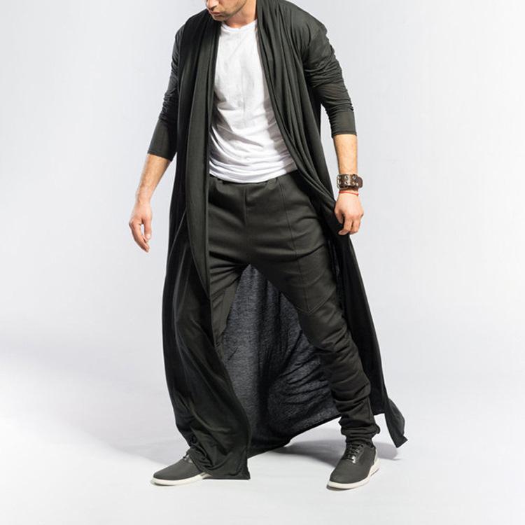 Mens Brief Long Pleated Draped Solid Color Cardigan Casual Long Robe