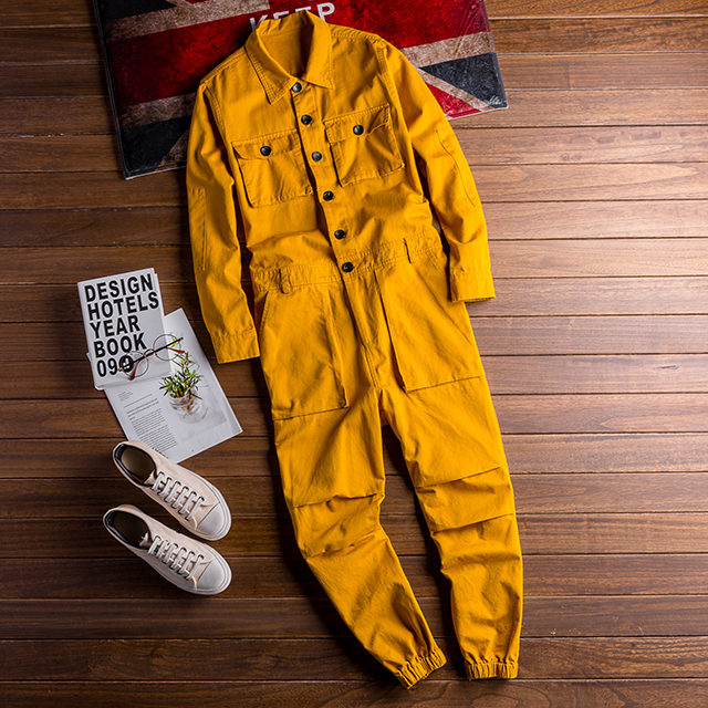 Men's Vintage Hiphop Streetwear Jumpsuits Long Sleeve Cargo Rompers With Pocket Coverall Romper Boiler Suit