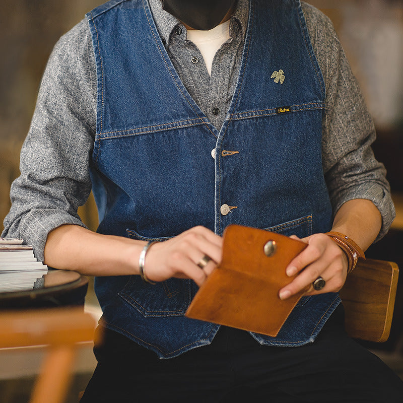 Men's Vintage Washed Denim Vest With Pocket