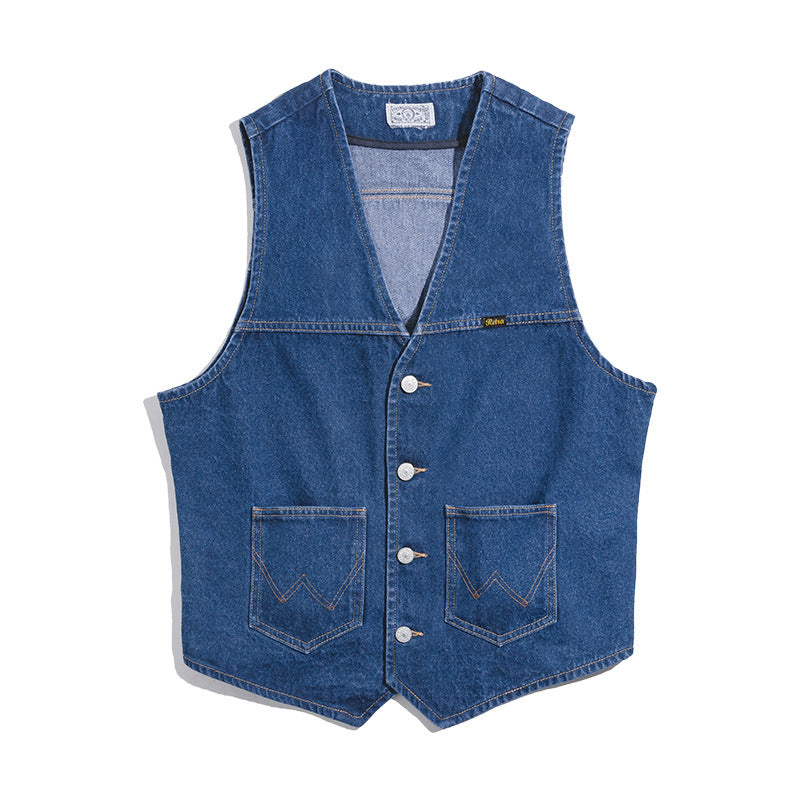 Men's Vintage Washed Denim Vest With Pocket