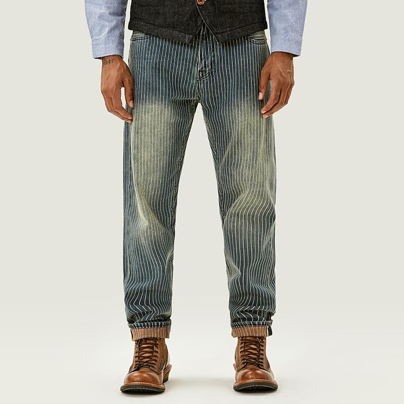 Men's 90s Jeans Striped Retro Washed Casual  Denim Pants