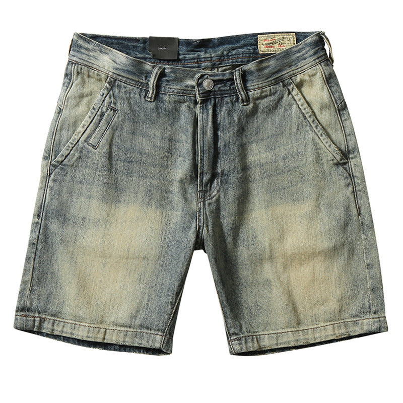 White And Distressed Men's Five-Point Straight Denim Shorts