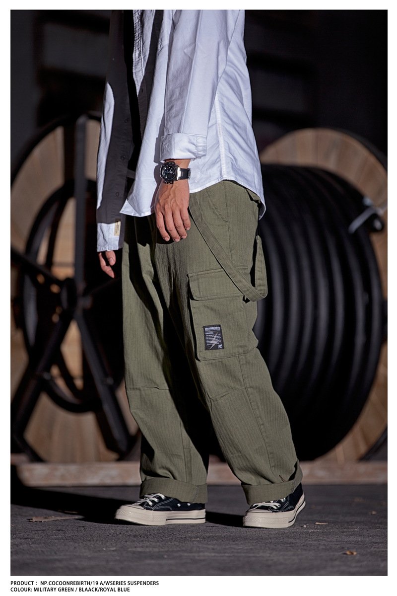 Men's Oversized Suspender Cargo Overalls Distressed Work Jumpsuit