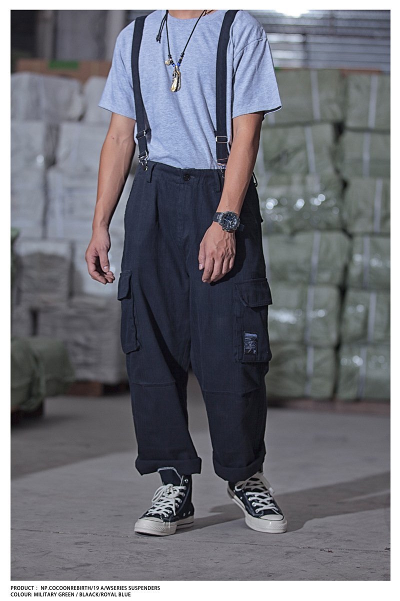 Men's Oversized Suspender Cargo Overalls Distressed Work Jumpsuit