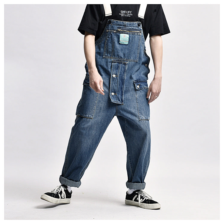 Men's Denim Multi-pocket Jumpsuits Baggy Overalls Loose dungarees
