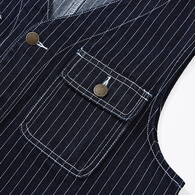 American Western Retro Striped Denim Multi-pocket Cargo Vest