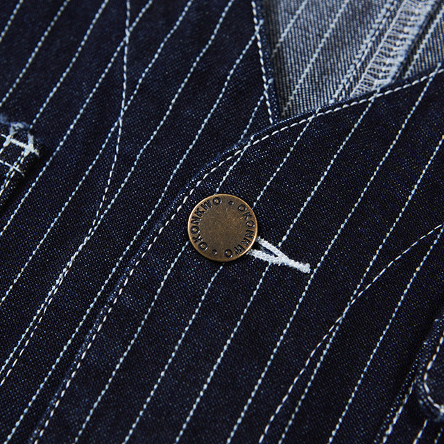 American Western Retro Striped Denim Multi-pocket Cargo Vest