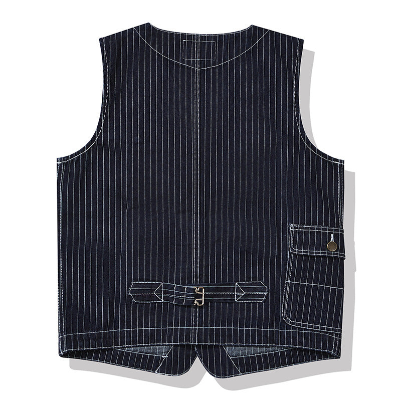 American Western Retro Striped Denim Multi-pocket Cargo Vest