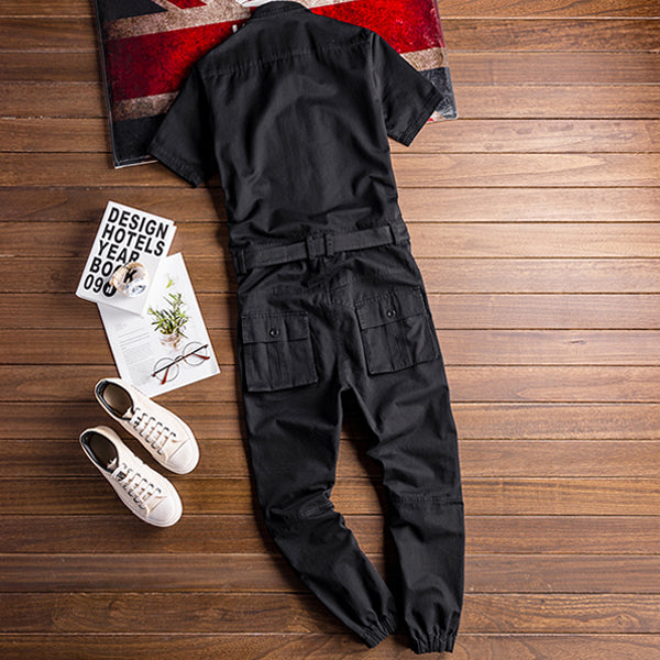 Retro Casual Multi-Pocket Boilersuit Short Sleeve Jumpsuits Workear Coveralls Streetwear Overalls Playsuit