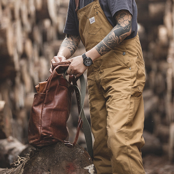 Men's Retro Khaki Classic Suspender Cargo Bib Overalls