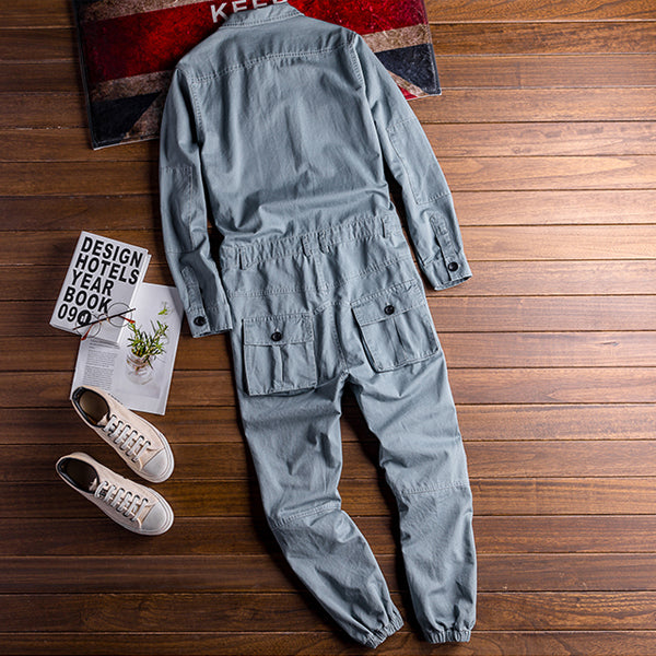 Men's Vintage Hiphop Streetwear Jumpsuits Long Sleeve Cargo Rompers With Pocket Coverall Romper Boiler Suit