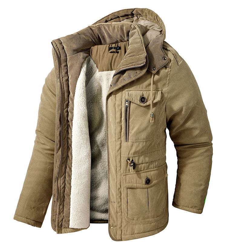 Men's Plus Size Lamb Velvet Hooded Cotton Jacket Thickened Multi-pocket Cotton Top Casual Mid-length Jacket