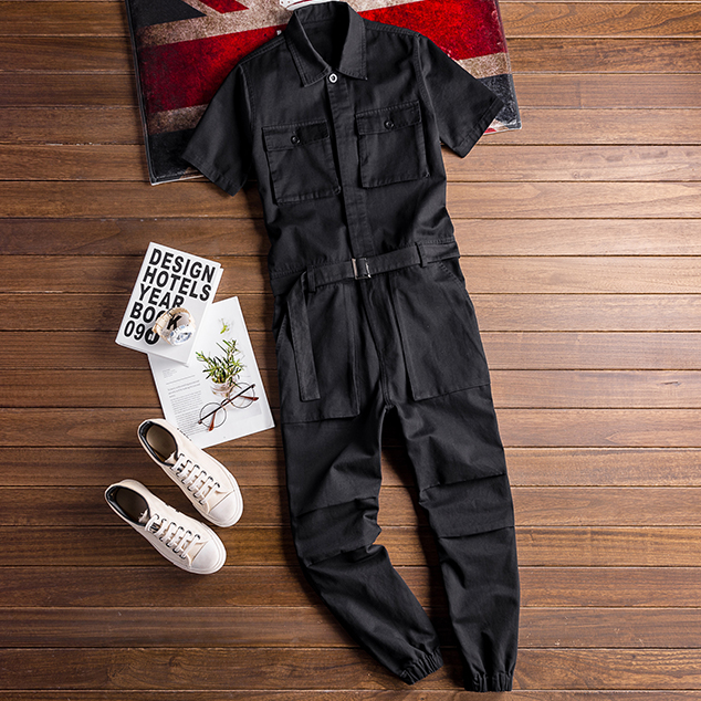 Retro Casual Multi-Pocket Boilersuit Short Sleeve Jumpsuits Workear Coveralls Streetwear Overalls Playsuit
