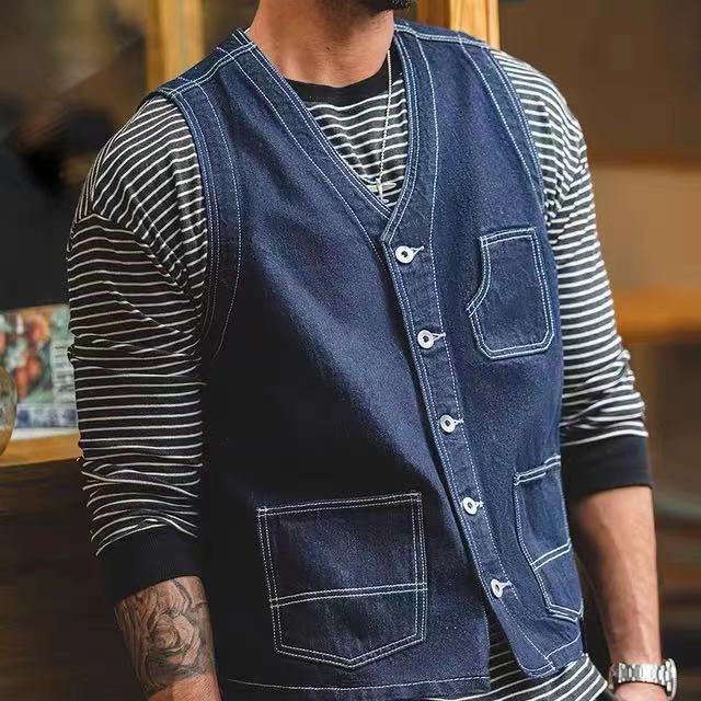 Men's Vintage Washed Denim Vest With Pocket