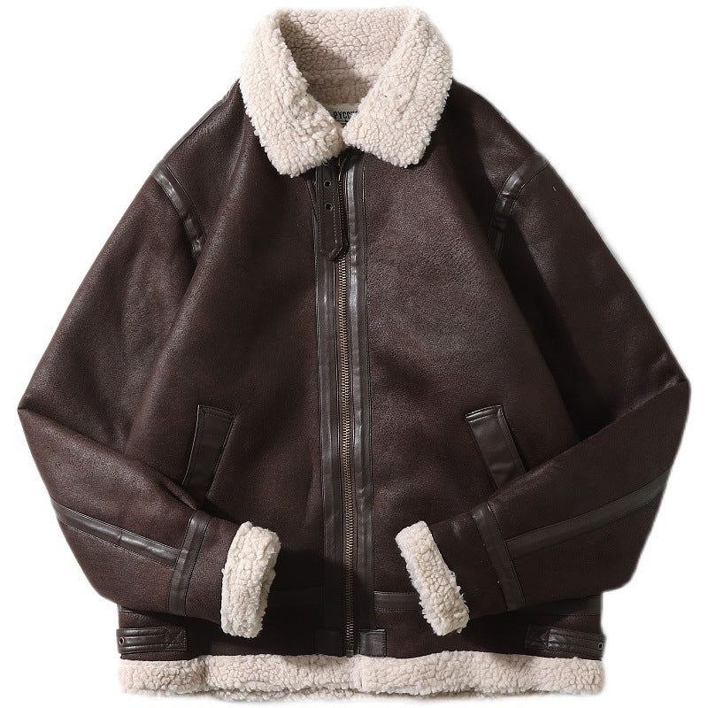 Winter Retro Lamb Wool Thick Warm Western Leather Jacket