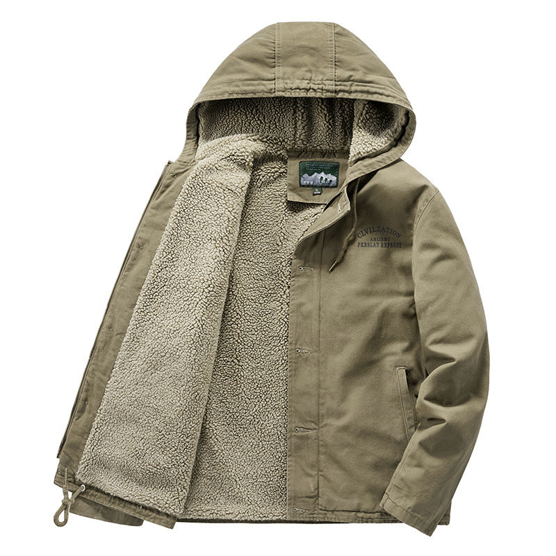 Lamb Wool Coat Men's Votton-padded Jacket Deck Jacket Hooded Plus Velvet Thick Cotton-padded Jacket