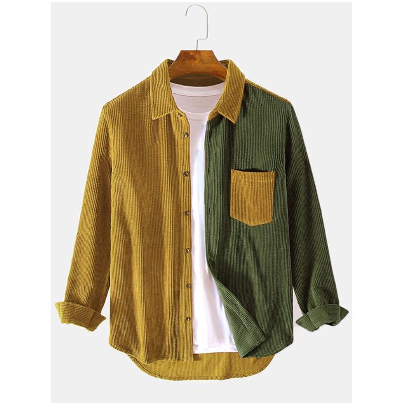 Men's Corduroy Patchwork Casual Loose Long Sleeve Shirt