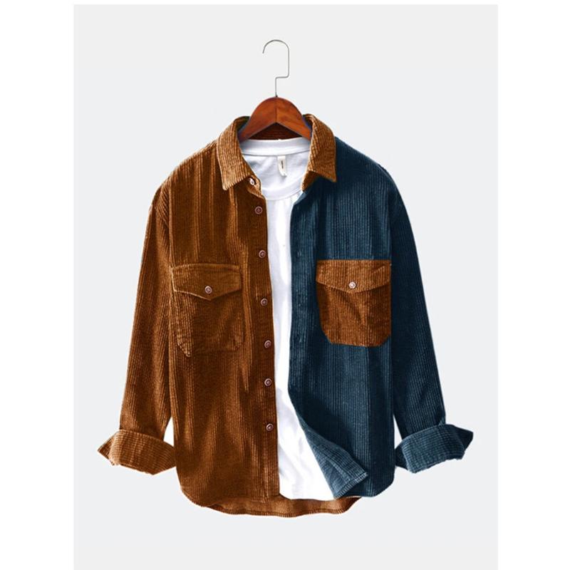Men's Corduroy Patchwork Casual Loose Long Sleeve Shirt
