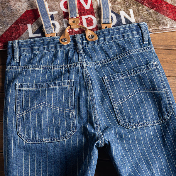 Retro Striped Denim Bib Overalls Cargo Pants Suspender Pants