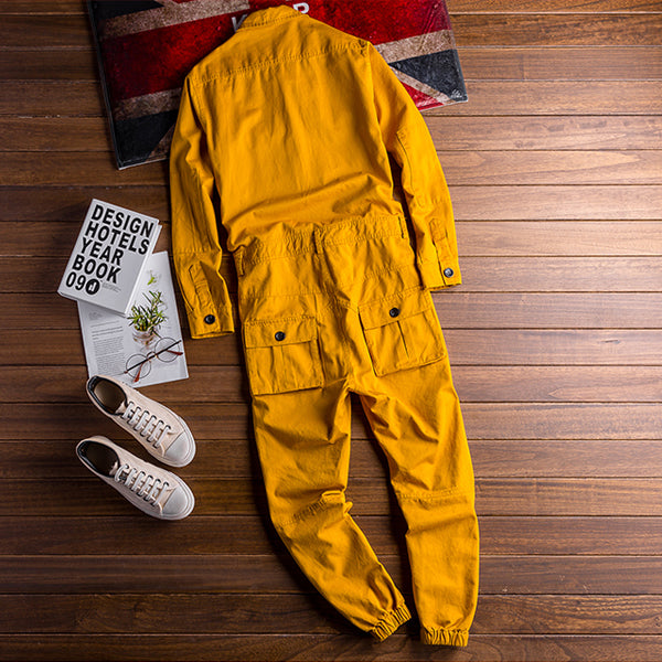 Men's Vintage Hiphop Streetwear Jumpsuits Long Sleeve Cargo Rompers With Pocket Coverall Romper Boiler Suit