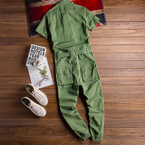 Retro Casual Multi-Pocket Boilersuit Short Sleeve Jumpsuits Workear Coveralls Streetwear Overalls Playsuit