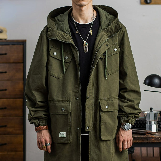 Men's Retro Long Trench Coat Over The Knee Multi-pocket Hooded Coat