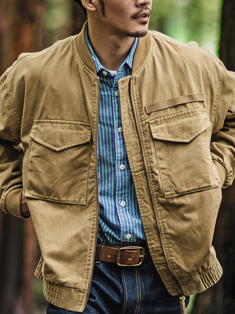 American Retro Bomber Jacket MA-1 Khaki Multi-pocket Camping Outdoor Jacket