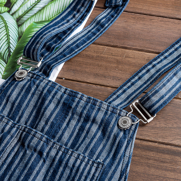 Men's Oversize Striped Denim Jumpsuit Suspender Pants Streetwear Overalls