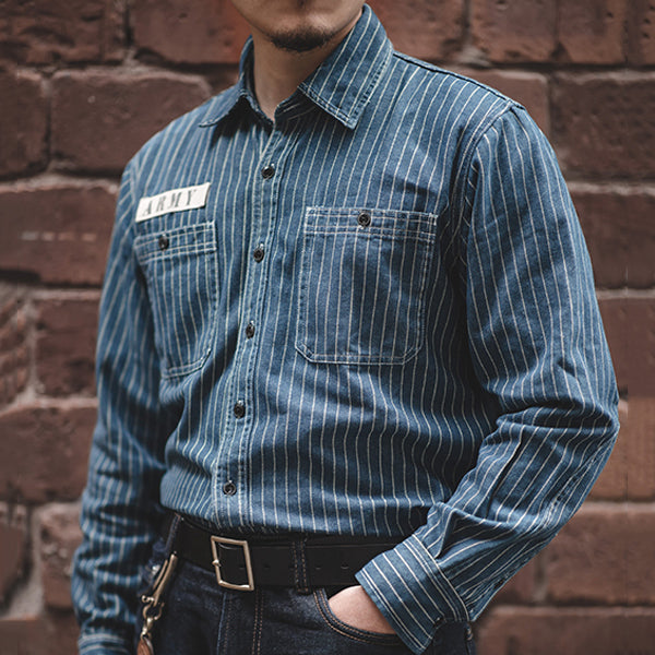 Men's Retro Railroad Striped Long Sleeve Shirts With Pocket