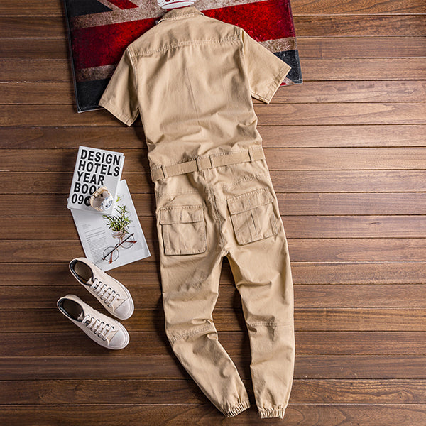 Retro Casual Multi-Pocket Boilersuit Short Sleeve Jumpsuits Workear Coveralls Streetwear Overalls Playsuit